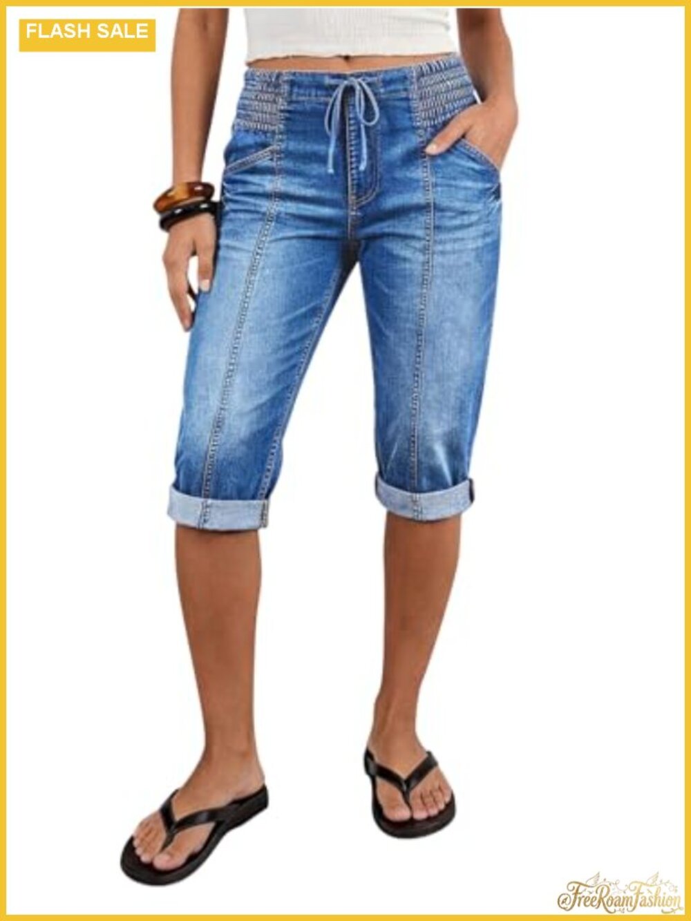 Mid Waist Drawstring Skinny Capri Jeans Stretch Denim Roll Hem Casual